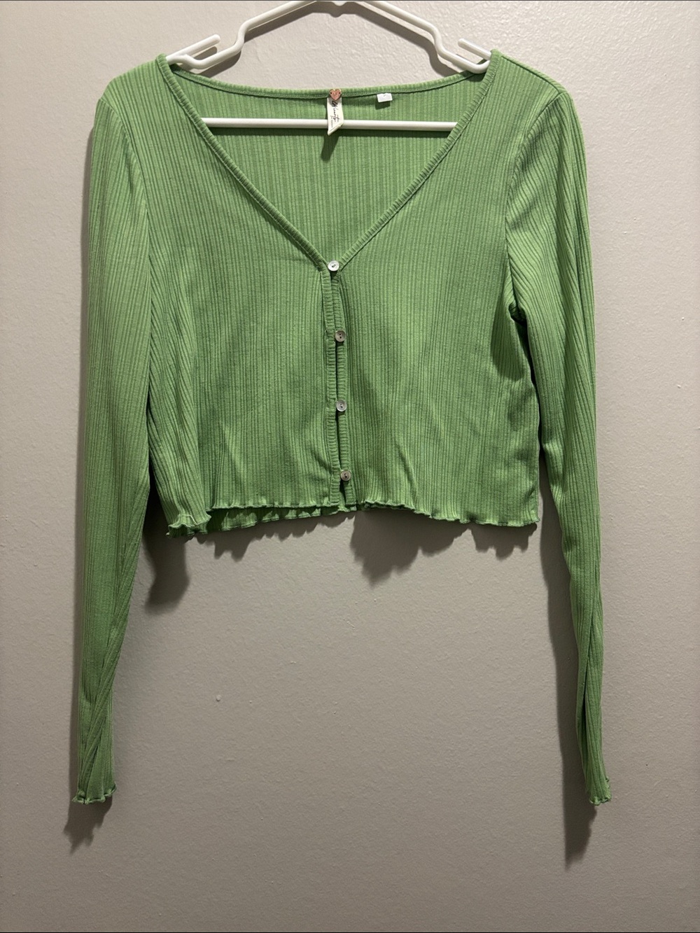 La Hearts Light Green Ribbed Cropped Button Cardigan